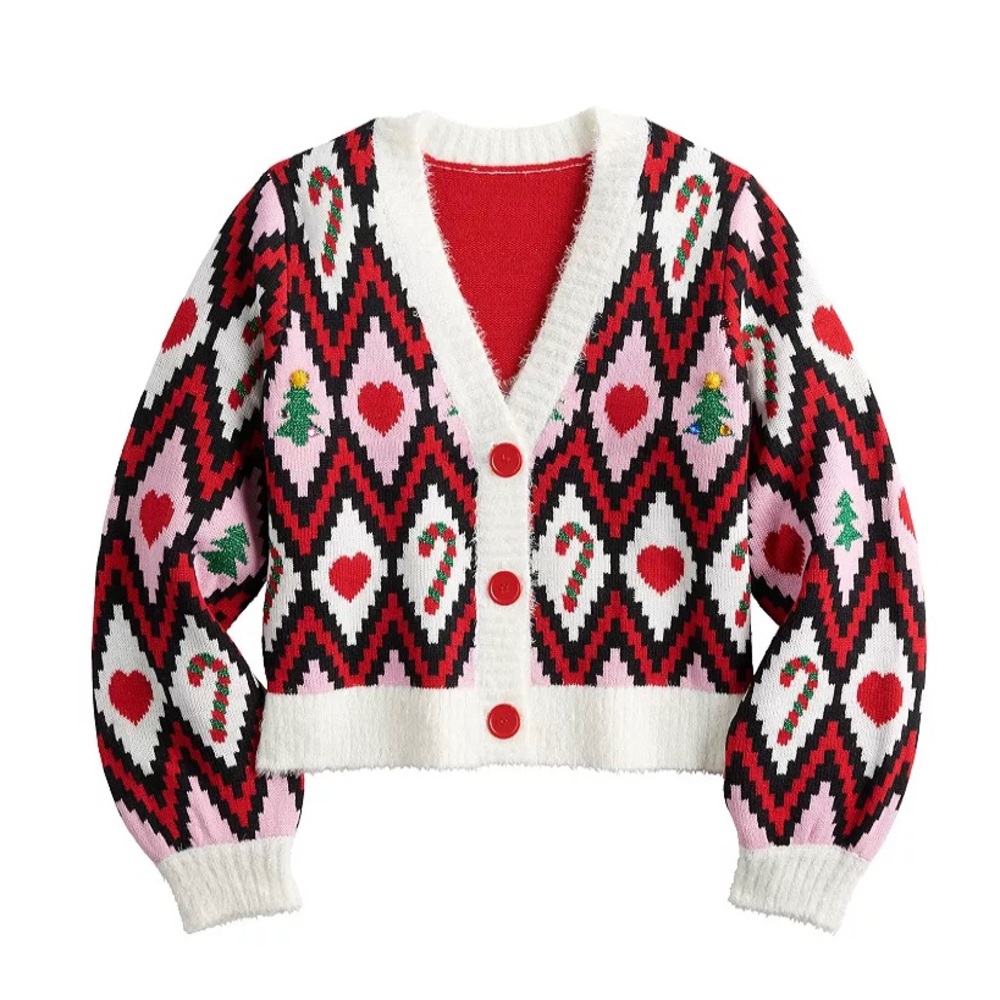 Women's V-Neck Christmas Diamond Heart Button
Front Cardigan